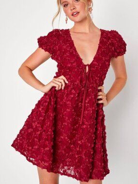 NWT Lulus Elegant Delight Wine Red 3D Floral Lace Puff Sleeve Mini Dress